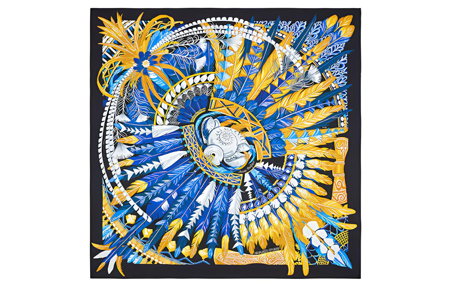 HERMES Taiping Dance 90cm Feather Scarf in Black. H003572S-07