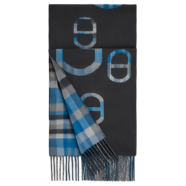 HERMES Tartan Maillons Cashmere Wool Scarf Black/Blue Unisex Couple Style. H394068T-01