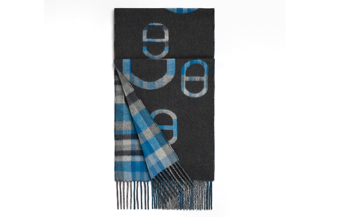 HERMES Tartan Maillons Cashmere Wool Scarf Black/Blue Unisex Couple Style. H394068T-01 圖 2