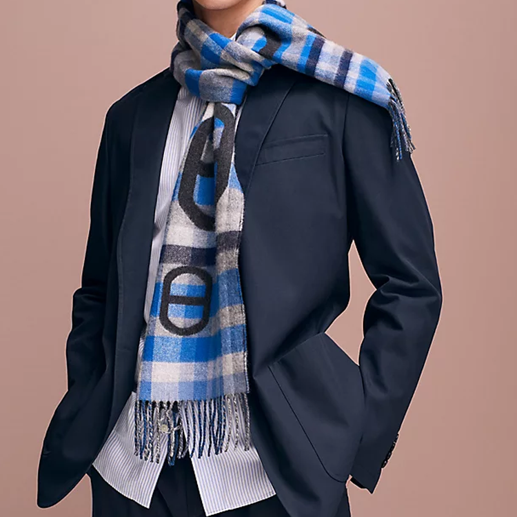 HERMES Tartan Maillons Cashmere Wool Scarf Black/Blue Unisex Couple Style. H394068T-01 圖 3