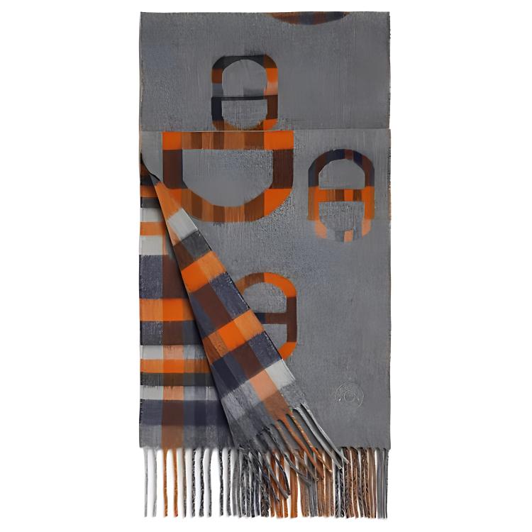 HERMES Tartan Maillons Embroidered Cashmere Scarf Gray Unisex Couple Style. H394068T 04