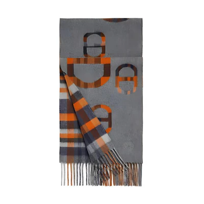 HERMES Tartan Maillons Embroidered Cashmere Scarf Gray Unisex Couple Style. H394068T 04