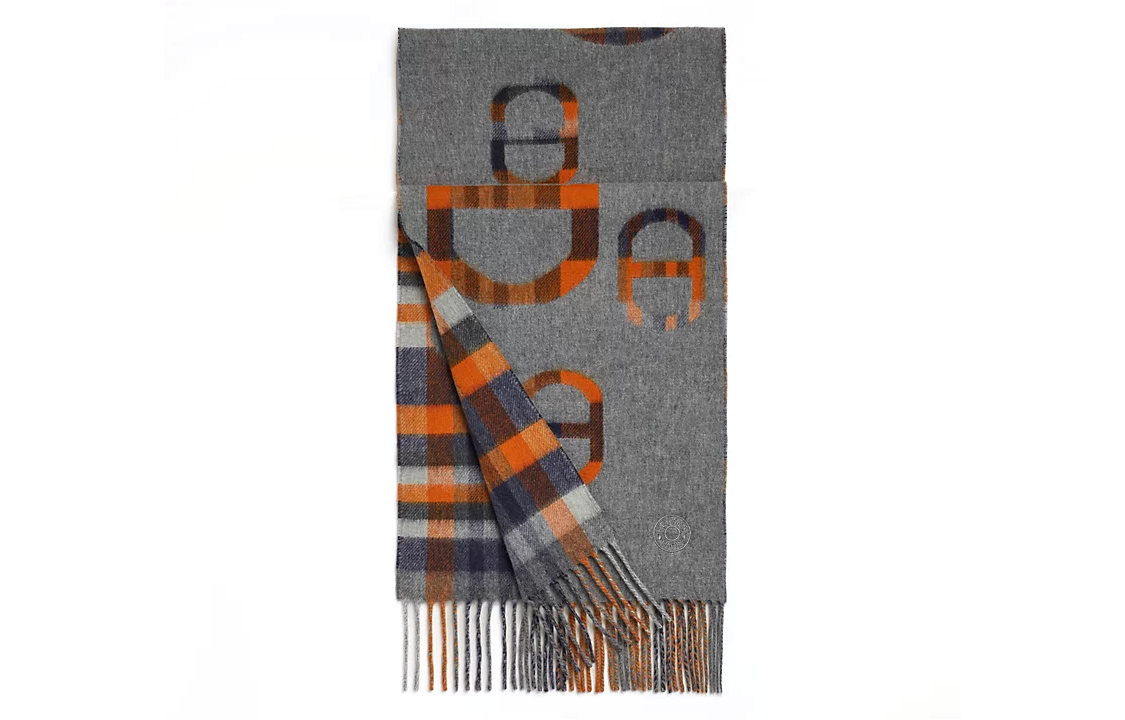 HERMES Tartan Maillons Embroidered Cashmere Scarf Gray Unisex Couple Style. H394068T 04 圖 2