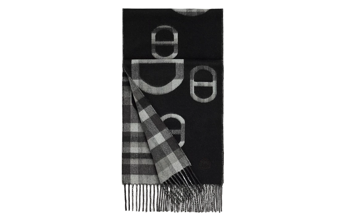 HERMES Tartan Maillons Embroidered Fringed Cashmere Scarf Unisex Black H394068T-02 圖 2