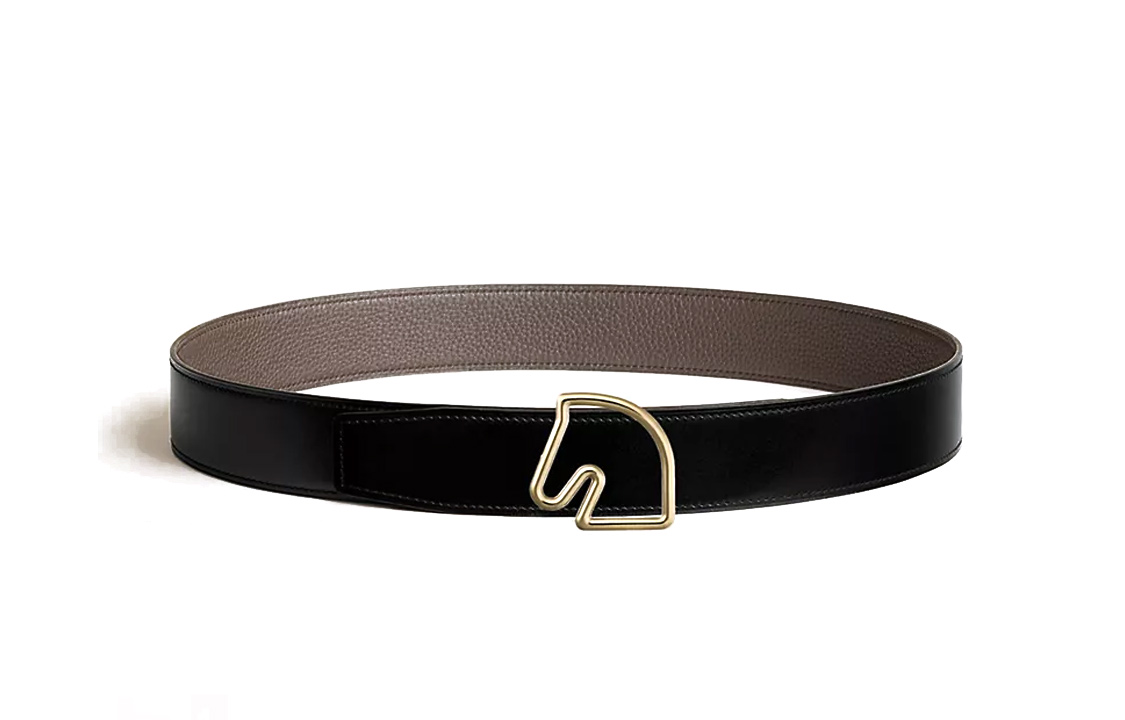 HERMES Tete de Cheval Gold Horse Buckle  Leather Belt Black/Tan 3.8CM H081656CP2K-H077971CAAG085