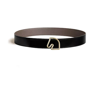 HERMES Tete de Cheval Gold Horse Buckle Leather Belt Black/Tan 3.8CM H081656CP2K-H077971CAAG085