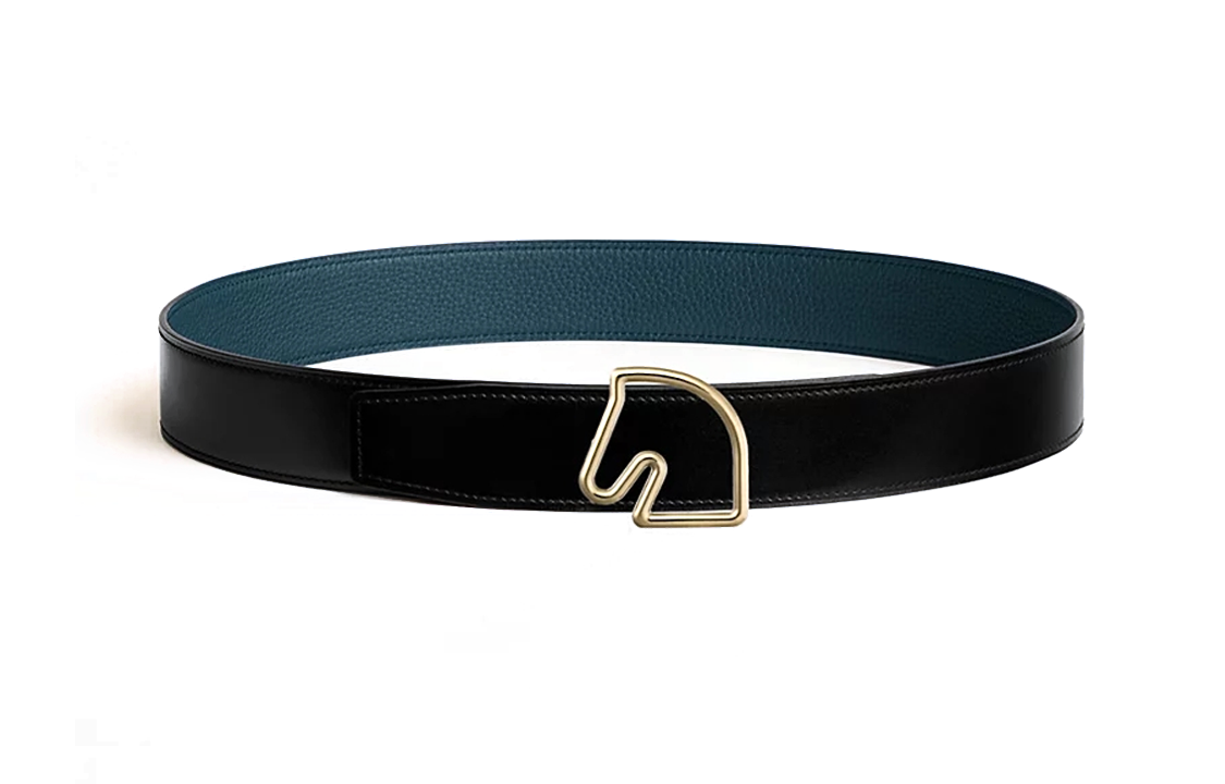 HERMES Tete de Cheval Gold Horse Buckle Reversible Belt Black/Blue 3.8CM Men. H081656CP2K-H077971CAAE085