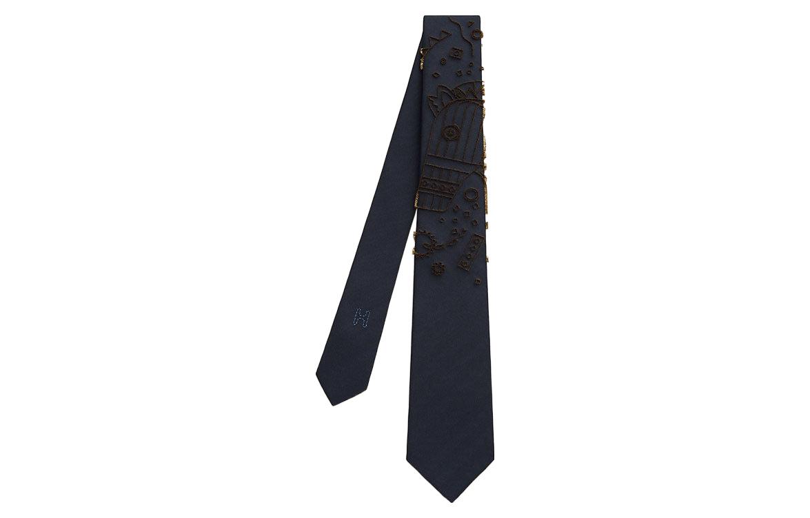 HERMES Tie 7 Mini Horse Pattern  Tie Navy Blue/Gold. H159197T-02