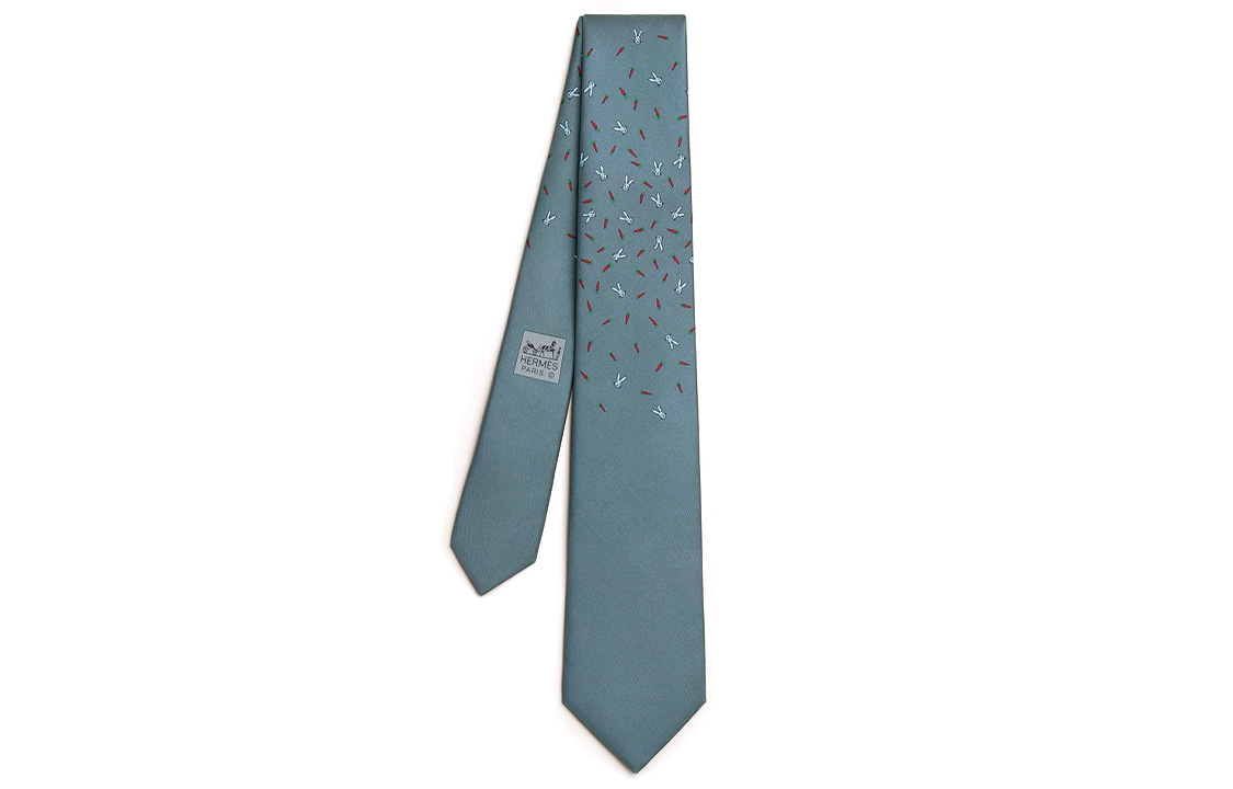 HERMES Tie 7 Rabbit Carrot Shuffle Blue Green  Tie H006311T 01