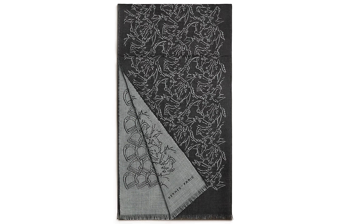 HERMES Tissée Reversible Horse Mix Wool Scarf Grey Mens Comfortable Warm H703845T 圖 2