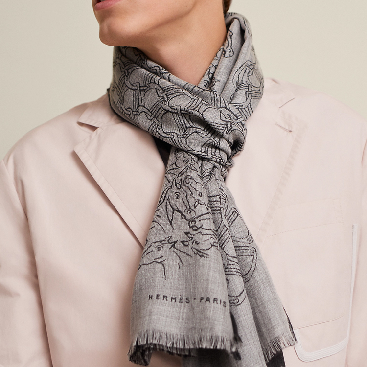 HERMES Tissée Reversible Horse Mix Wool Scarf Grey Mens Comfortable Warm H703845T 圖 3