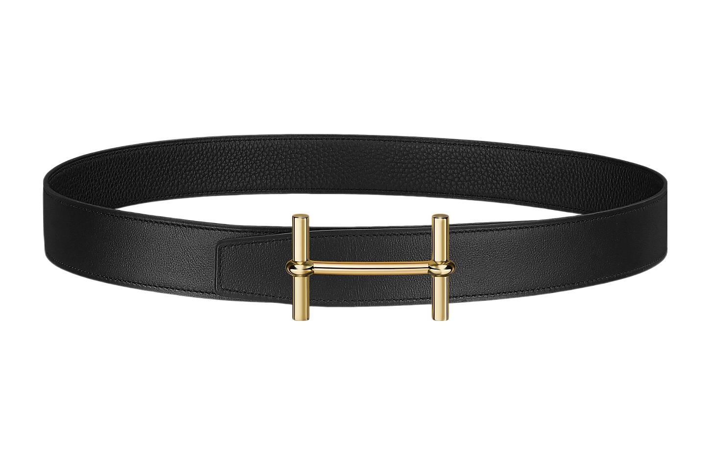 HERMES Togo Black Leather Belt with Gold Buckle for Men, 3.2cm Wide. H077931CP2K-H073996CAAF090