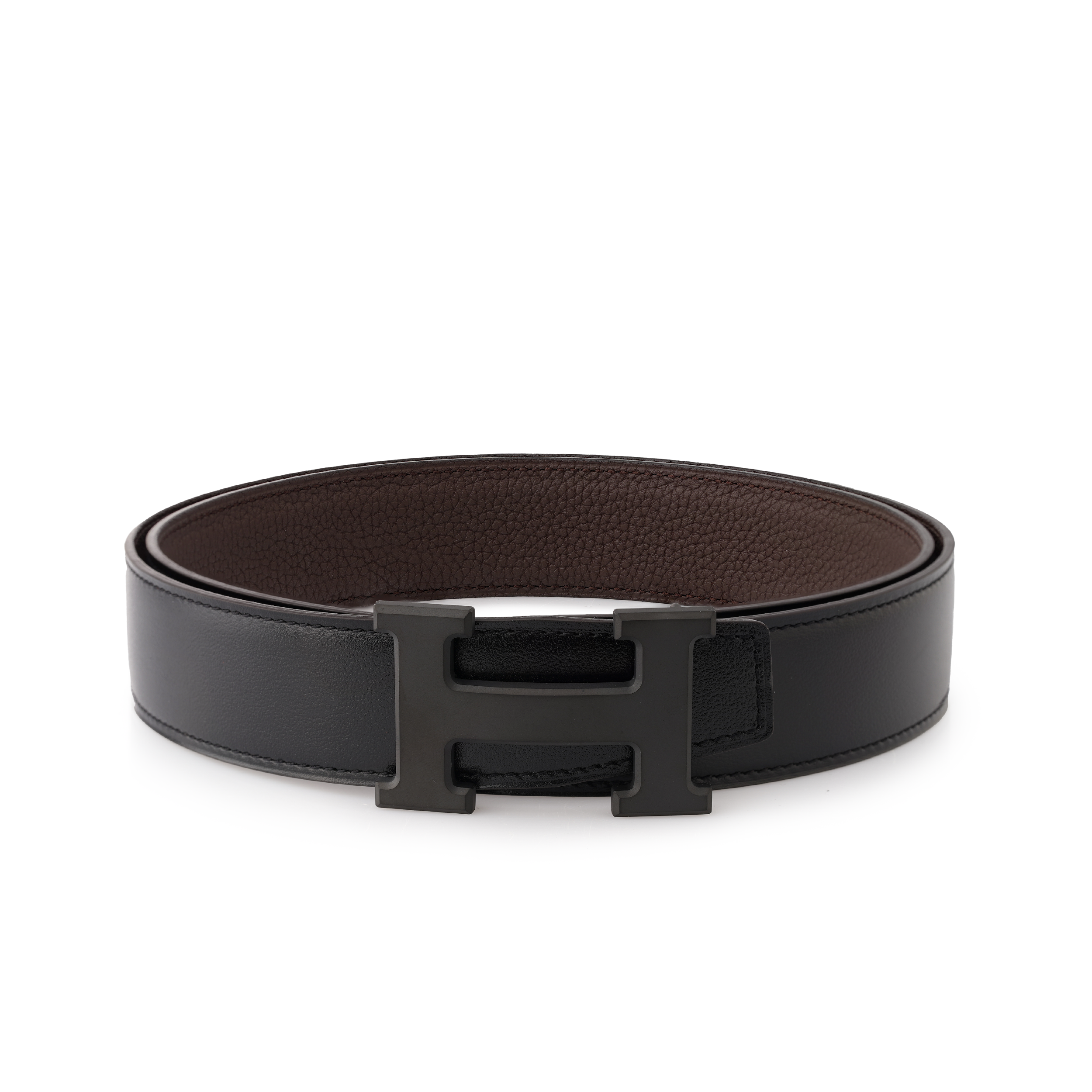 HERMES Togo Calfskin Belt Chocolate/Black, Silver Buckle, 3.2cm Wide H080029CY89-H073967CAAB