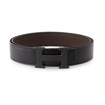 HERMES Togo Calfskin Belt Chocolate/Black, Silver Buckle, 3.2cm Wide H080029CY89-H073967CAAB