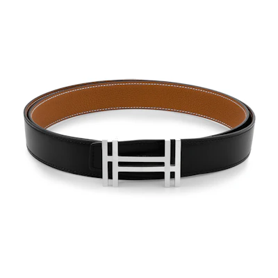 HERMES Togo Calfskin Dual-Sided Belt Silver Buckle Black/Gold 3.2cm H066050CK05-H073967CAAA