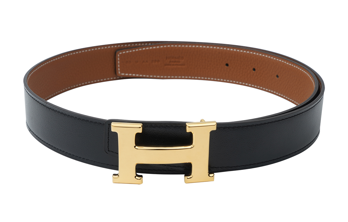 HERMES Togo Leather Belt Black Gold Buckle Unisex Couple Style 32cm Wide H049529CG-H073967CAAA