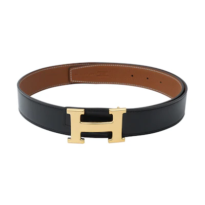 HERMES Togo Leather Belt Black Gold Buckle Unisex Couple Style 32cm Wide H049529CG-H073967CAAA