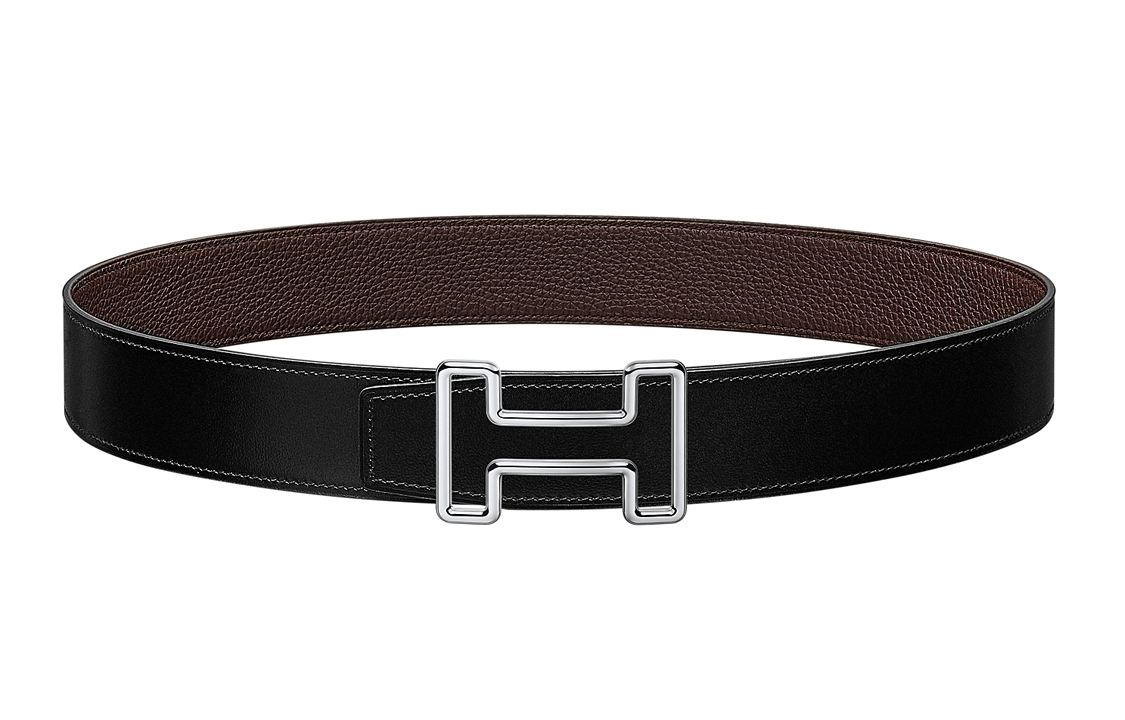 HERMES Tonight Metal Buckle Togo Leather Reversible Belt Black/Chocolate 3.8cm. H077935CK05-H077971CAAB