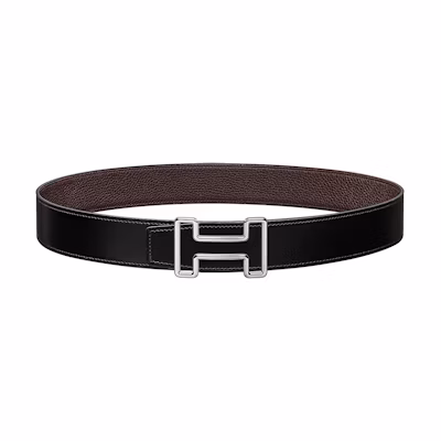 HERMES Tonight Metal Buckle Togo Leather Reversible Belt Black/Chocolate 3.8cm. H077935CK05-H077971CAAB