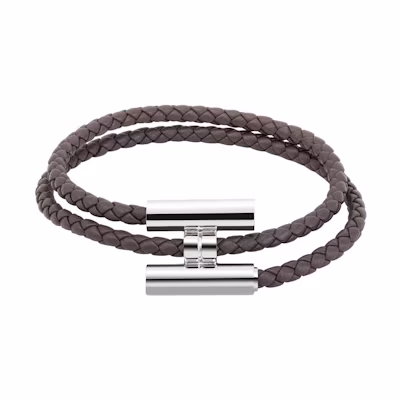 HERMES Tournis Tresse Braided Leather Bracelet in Tin Grey. H068406FP8F