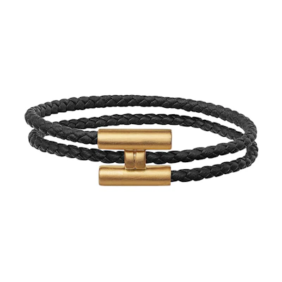 HERMES Tournis Tresse Black Bracelet with Gold Buckle Unisex情侣款. H068406FM