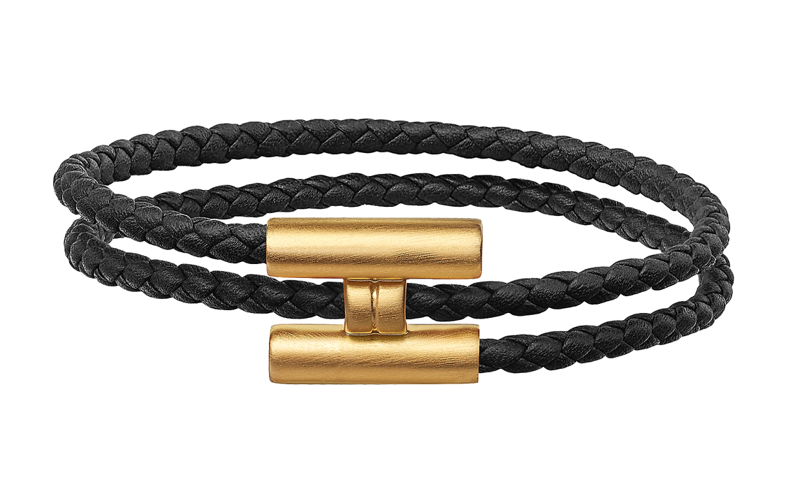 HERMES Tournis Tresse Black Leather Bracelet with Gold H Buckle Unisex H068406FM89