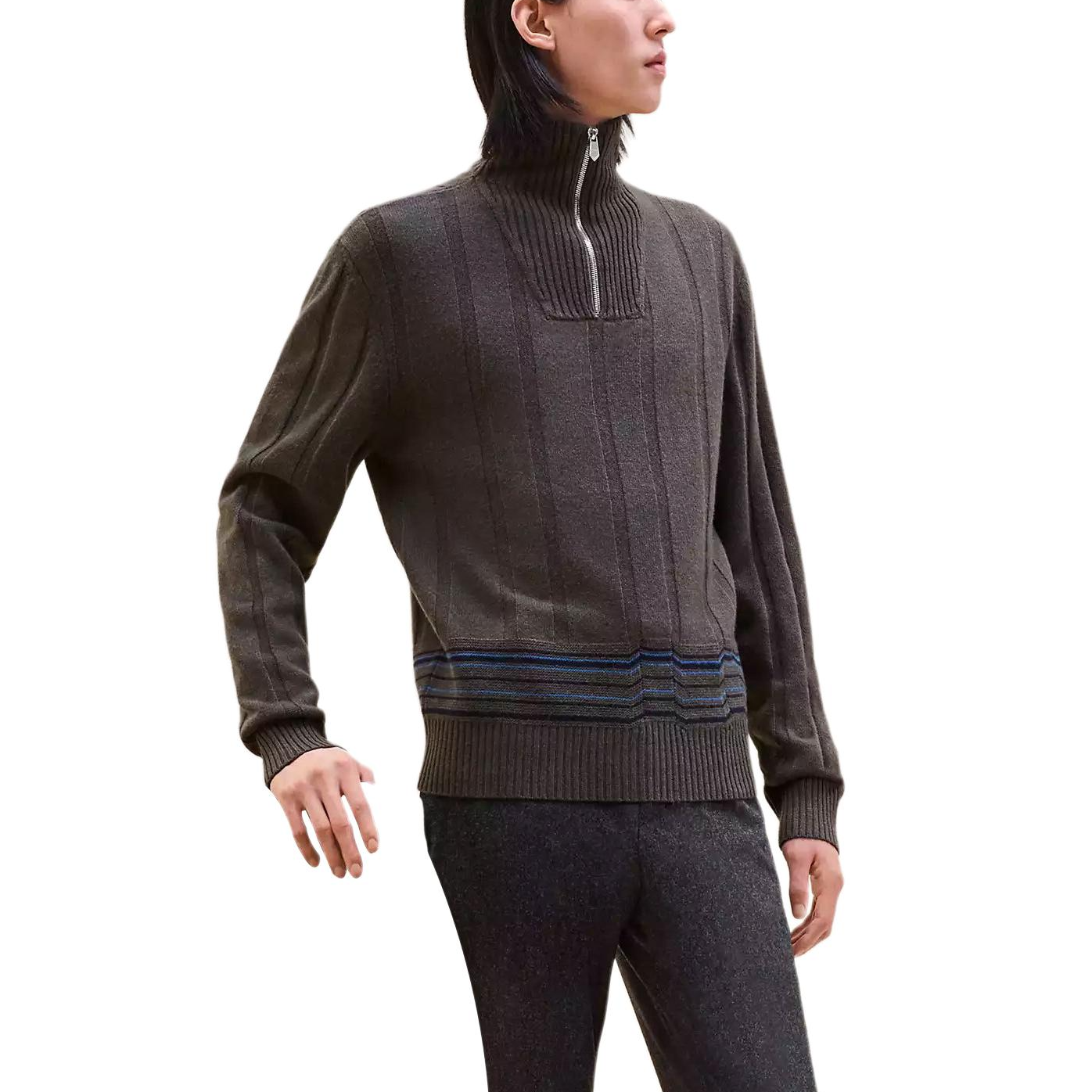 HERMES Turtleneck Zipper Ribbed Sweater Basalt Grey H467215HA0ILA