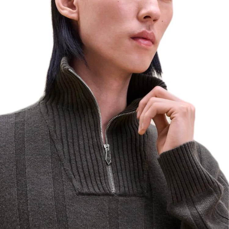 Shop HERMES Suéter de Cuello Alto Cremallera Canalé Gris Basalto H467215HA0ILA