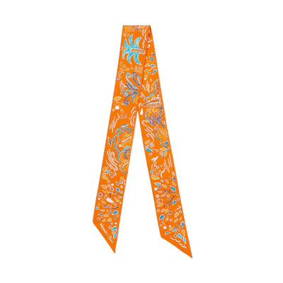 HERMES Twilly Island Spring Scarf Orange Unisex Couple Style Silk Ribbon H063755S-05