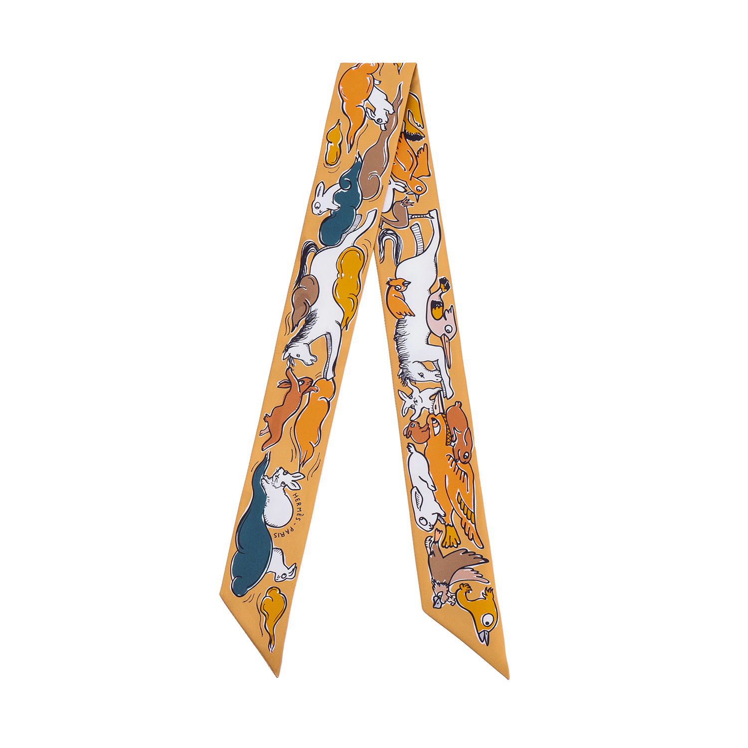 HERMES Twilly Scarf 1001 Rabbits Design Yellow Unisex Couple Edition Accessories H064007S 07