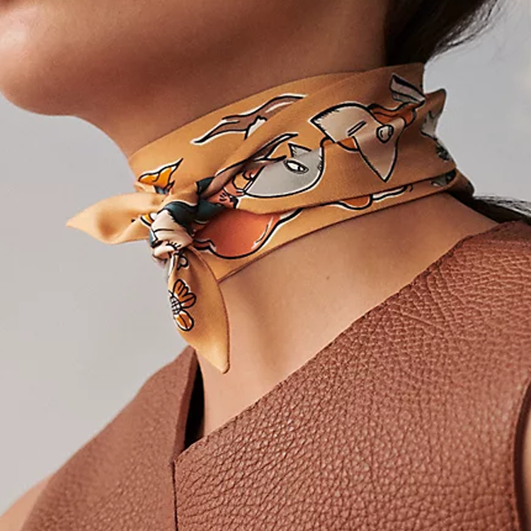 HERMES Twilly Scarf 1001 Rabbits Design Yellow Unisex Couple Edition Accessories H064007S 07 圖 5