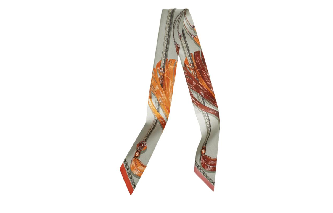 HERMES Twilly Scarf "Galloping Horses" Print Unisex Gray H061829S14