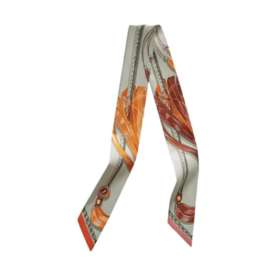 HERMES Twilly Scarf "Galloping Horses" Print Unisex Gray H061829S14