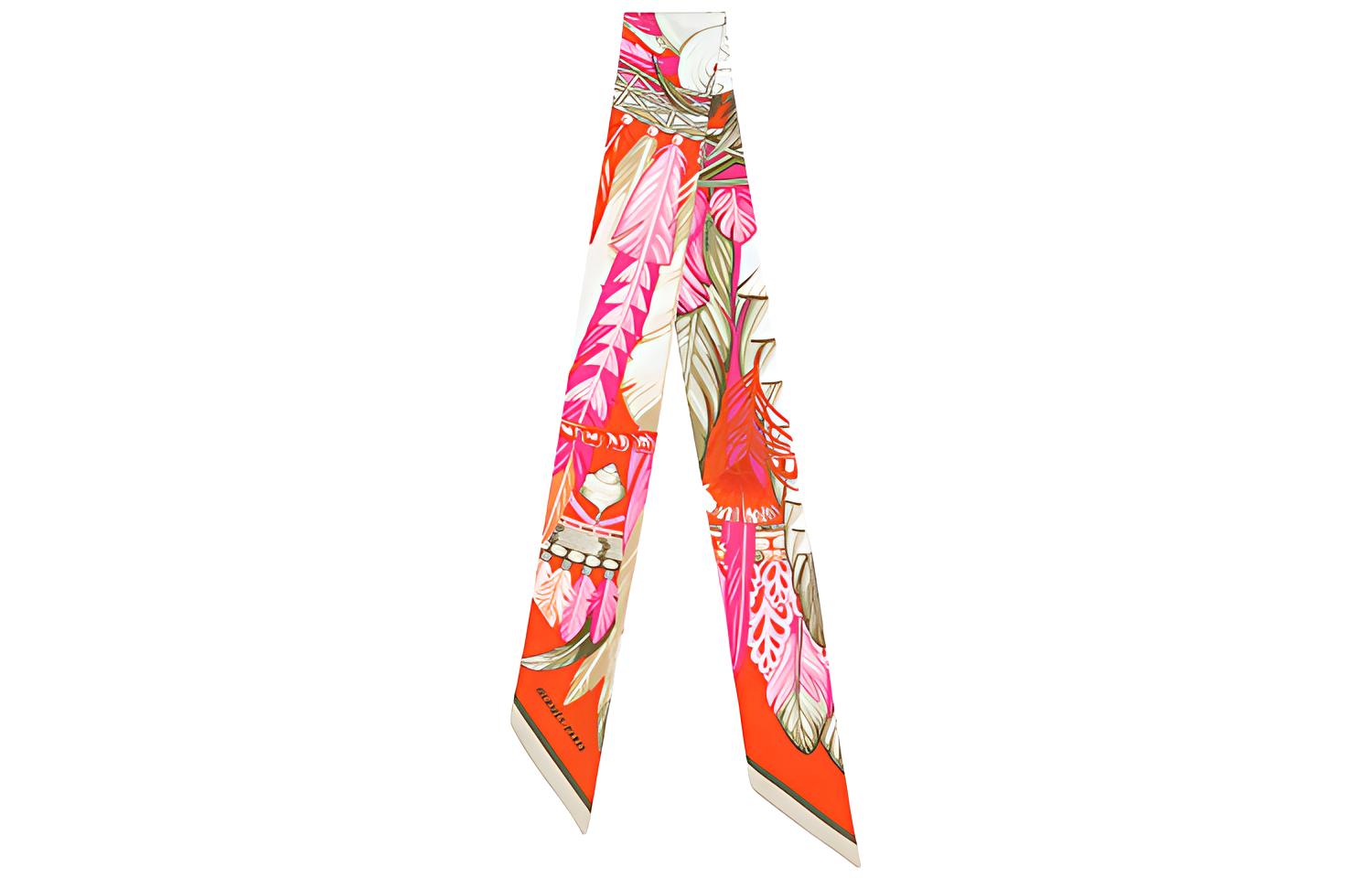 HERMES Twilly Scarf Orange Pink Taiping Zhiwu Design Silk Ribbon H063572S-18