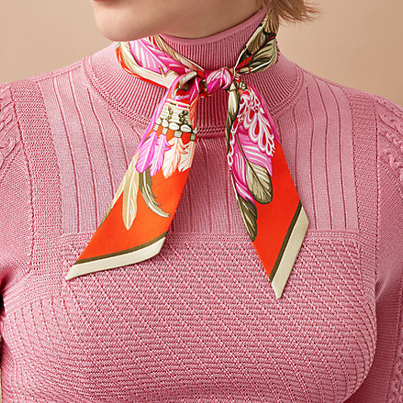 HERMES Twilly Scarf Orange Pink Taiping Zhiwu Design Silk Ribbon H063572S-18 圖 3