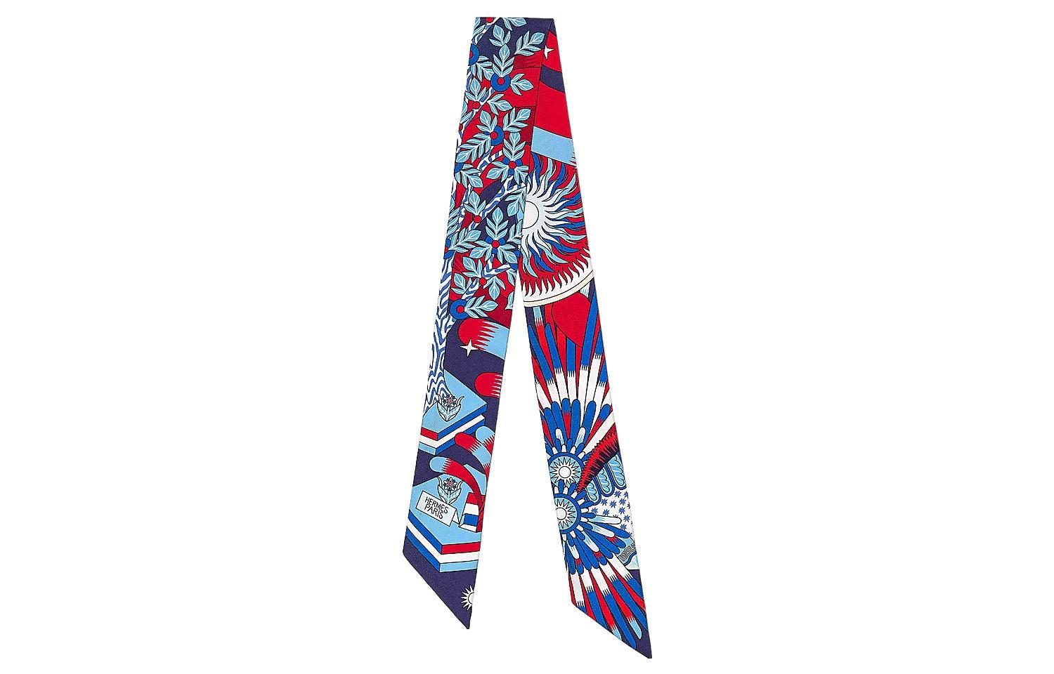 HERMES Twilly Scarf Ribbon - Navy Blue/Red/White "Pegasus Origin". H063434S-04