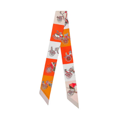 HERMES Twilly Silk Scarf Orange "Carriage Domino" Unisex Couple Design. H063429S-06