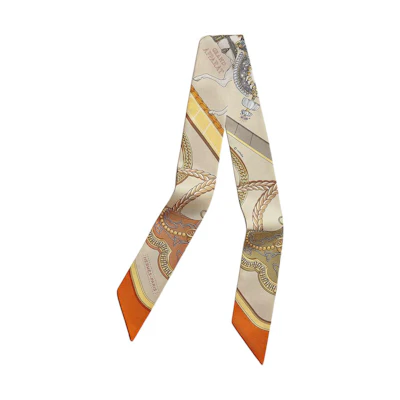 HERMES Twilly Silk Scarf Unisex Couple Design Beige/Orange/Yellow Floral Print H061364S 05