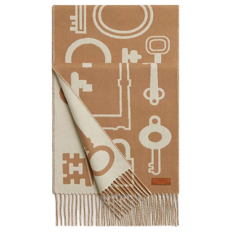 HERMES Unisex Cashmere Scarf with Leather Patch Design in Khaki. H259142S03 圖 2