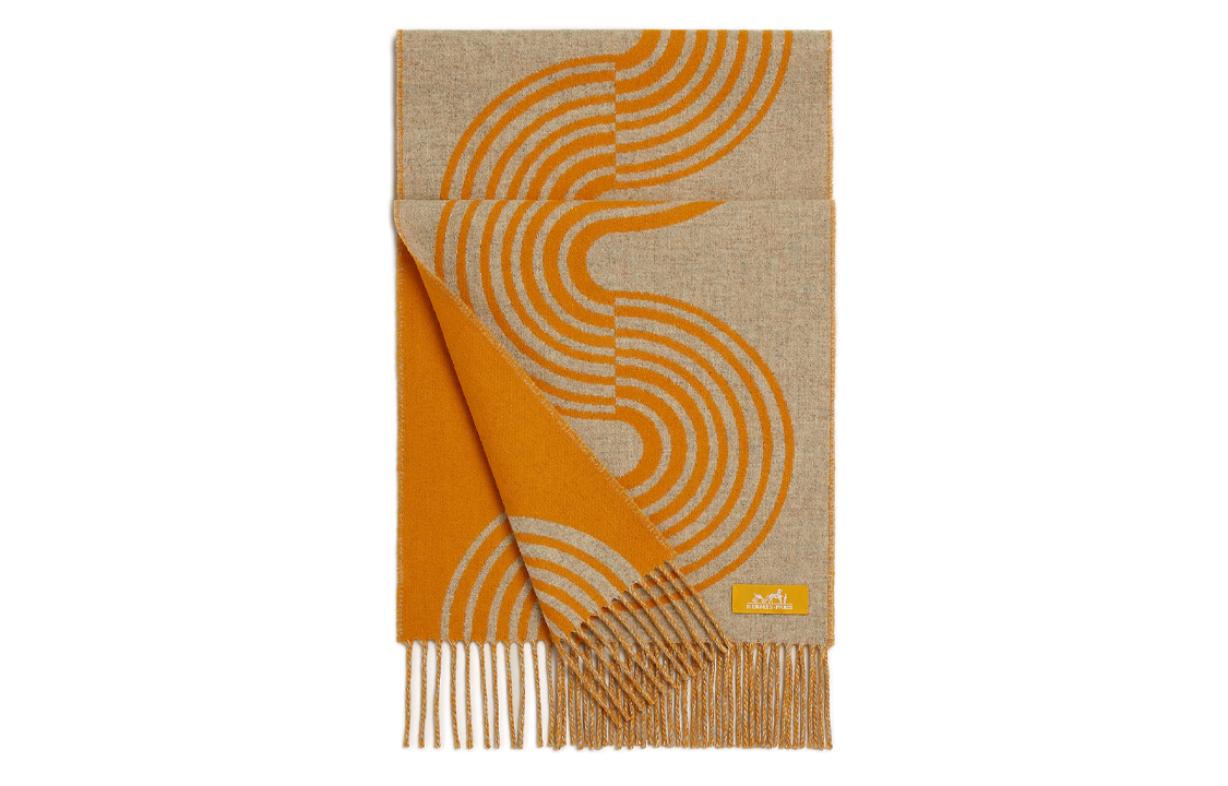 HERMES Wave Pattern Cashmere Scarf Unisex Couple Style Yellow. H259133S02