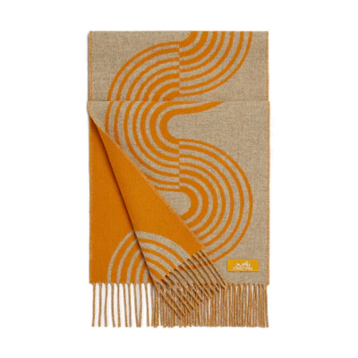 HERMES Wave Pattern Cashmere Scarf Unisex Couple Style Yellow. H259133S02