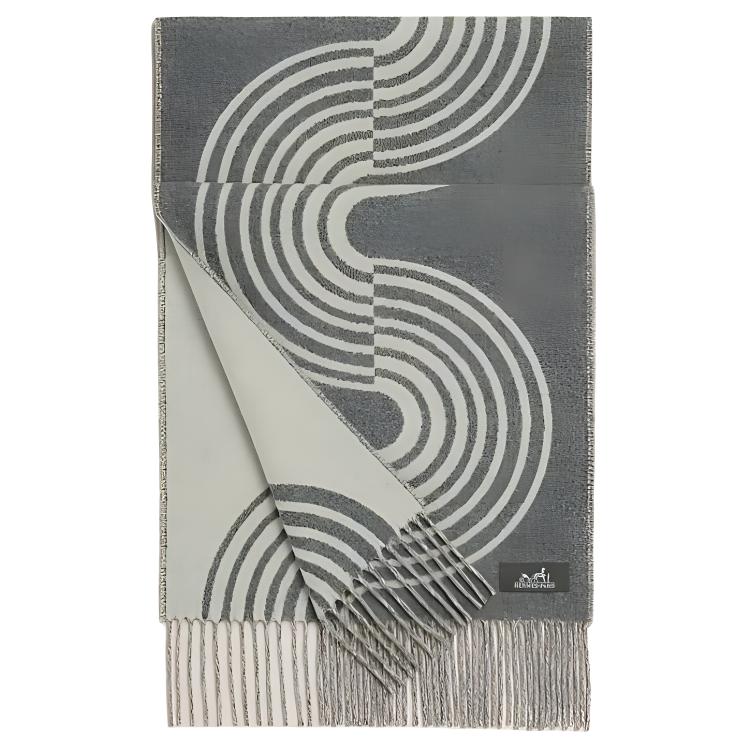 HERMES Wave Pattern Wool Scarf Unisex Couples' Style in Grey. H259133S 01