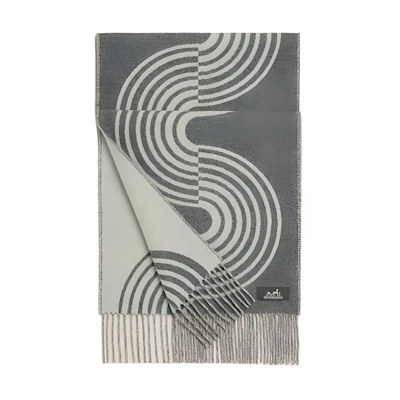 HERMES Wave Pattern Wool Scarf Unisex Couples' Style in Grey. H259133S 01