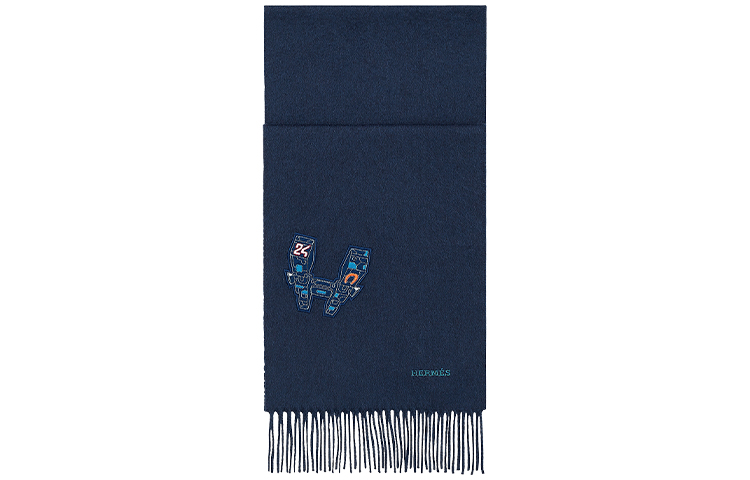 HERMES Wool Scarf with Large H Pattern in Blue H393751T-01