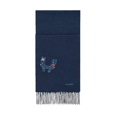 HERMES Wool Scarf with Large H Pattern in Blue H393751T-01
