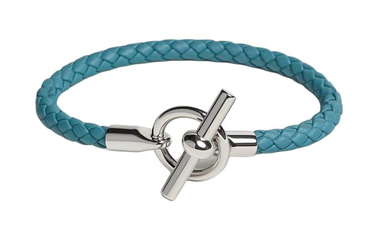HERMES Woven Design Calfskin Palladium Bracelet Unisex Couple Style Blue H077240FP75T3