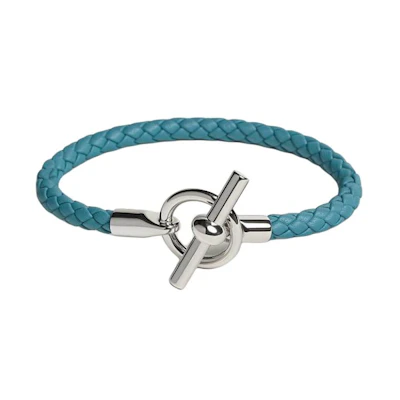HERMES Woven Design Calfskin Palladium Bracelet Unisex Couple Style Blue H077240FP75T3