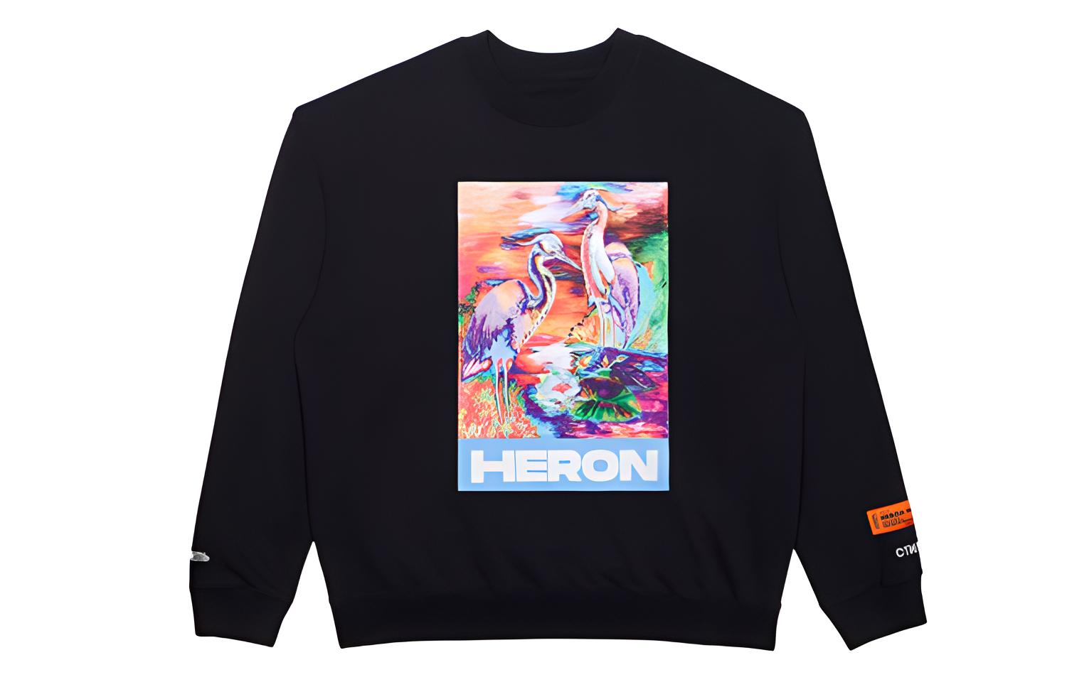 Heron Preston Black Crewneck Sweatshirt with Crane Print () hmba007s208960211088
