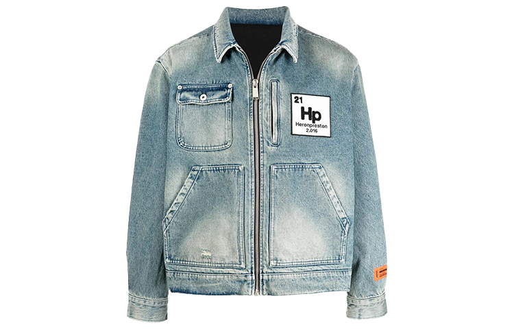 HERON PRESTON Blue Logo Patch Zip Washed Denim Jacket HMEA052R21DEN0014000
