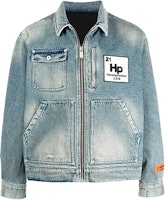 HERON PRESTON Blue Logo Patch Zip Washed Denim Jacket HMEA052R21DEN0014000 HERON PRESTON Blue Logo Patch Zip Washed Denim Jacket HMEA052R21DEN0014000